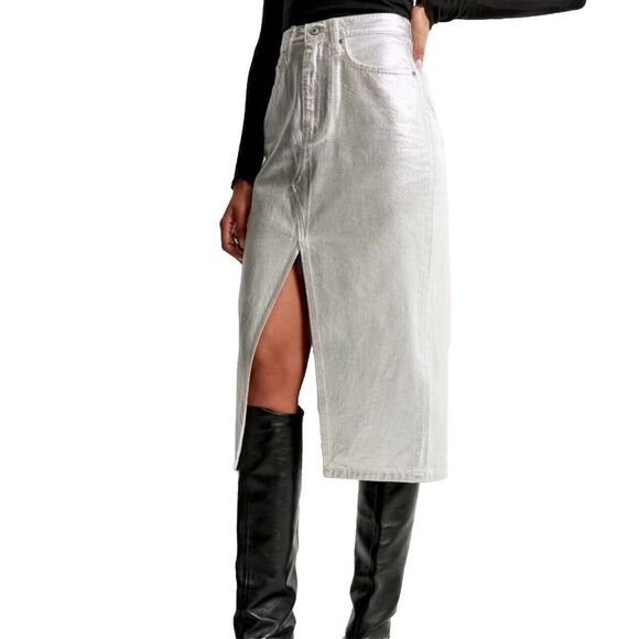 Abercrombie‎ & Fitch Metallic Silver Denim Midi Skirt Sz 10 Streetwear Urban - Picture 2 of 11